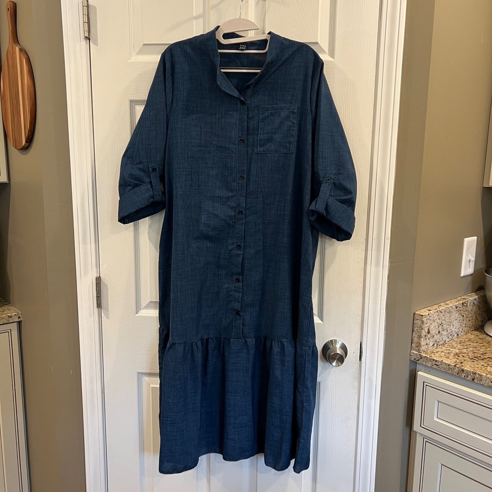 SHEIN Blue Chambray Shirt Dress Roll Tab Sleeve Ruffle Hem Midi XL